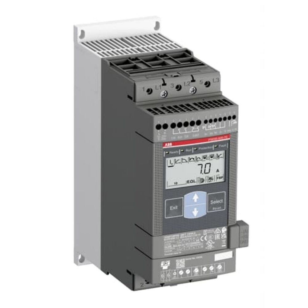 ABB PSE85-600-70 soft starter. Industrial automation equipment showing 7.0A on display.