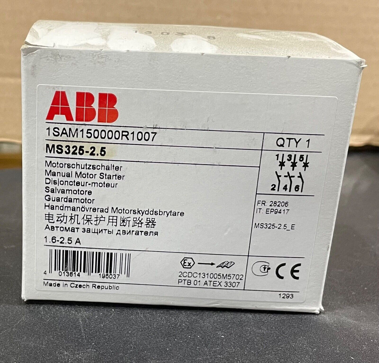 ABB MS325-2.5 Circuit Breaker product box, 1.6-2.5A, new in box.