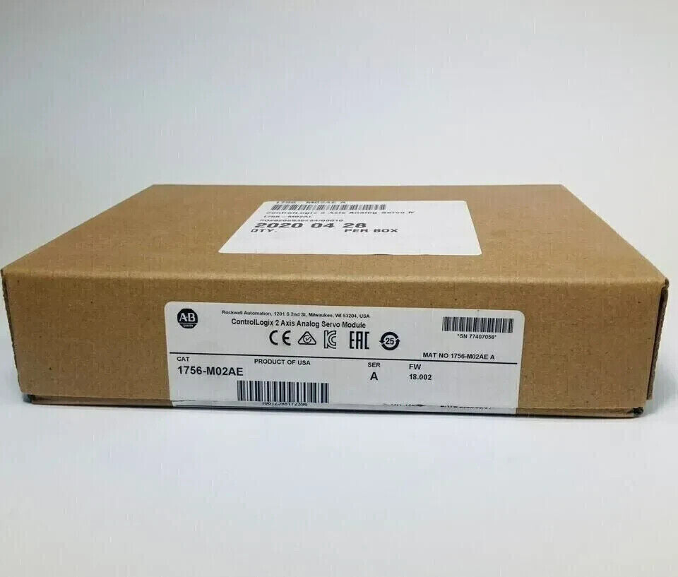 Allen-Bradley 1756-M02AE ControlLogix Module Box, unopened, with product information labels.
