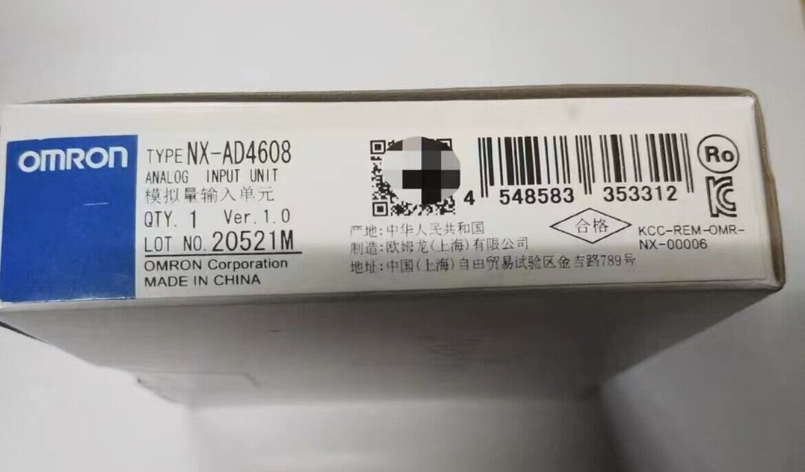Omron NX-AD4608 Analog Input Unit box, featuring product details and OMRON branding. Made in China.