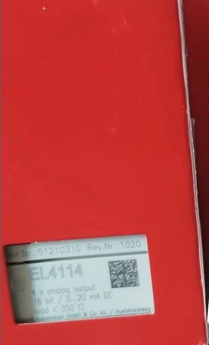 Beckhoff EL4114 16-Bit Analog Output Module, red housing with product details, for industrial automation.