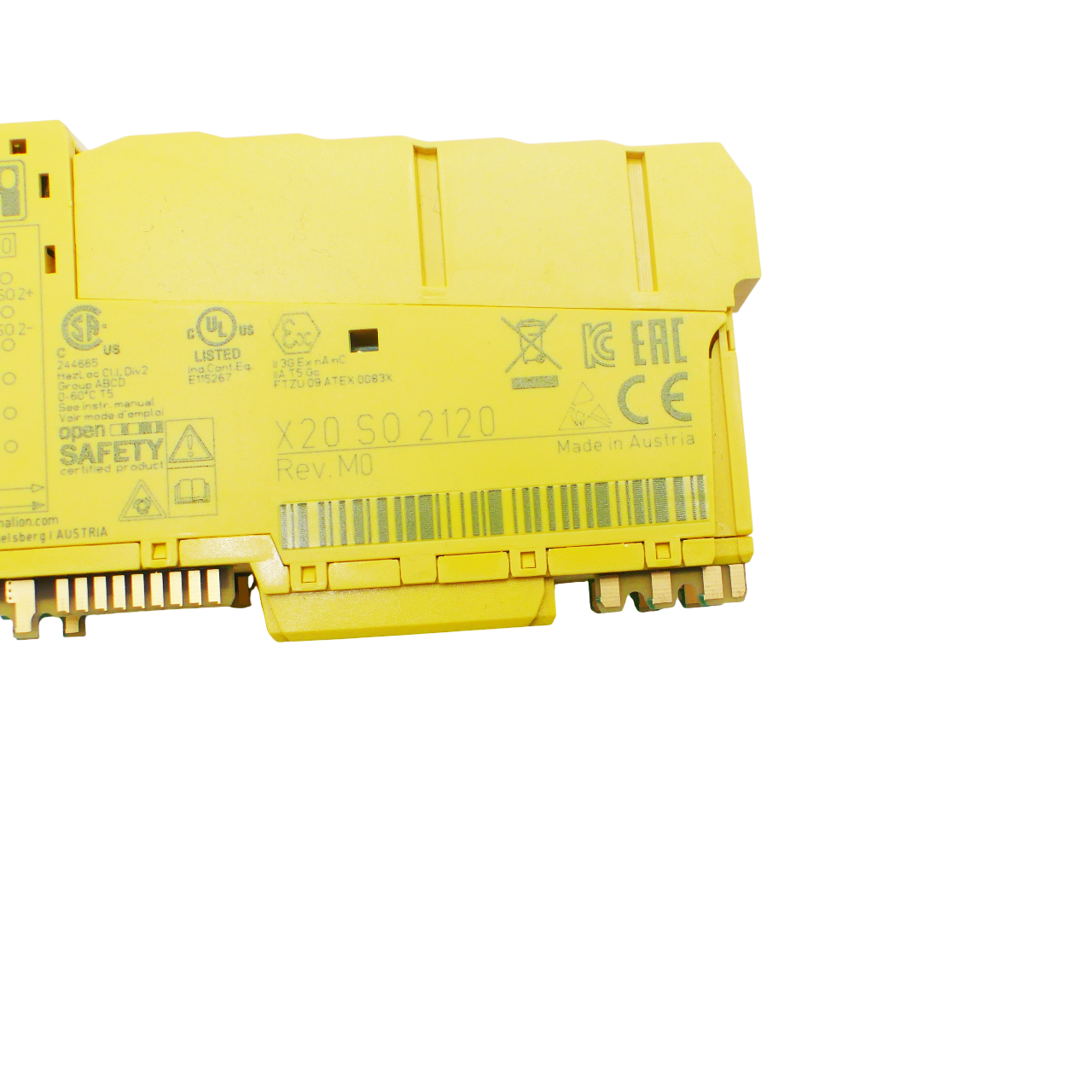 B&R X20 SO 2120 Safe Output Module Rev. M0, yellow industrial automation part, Made in Austria