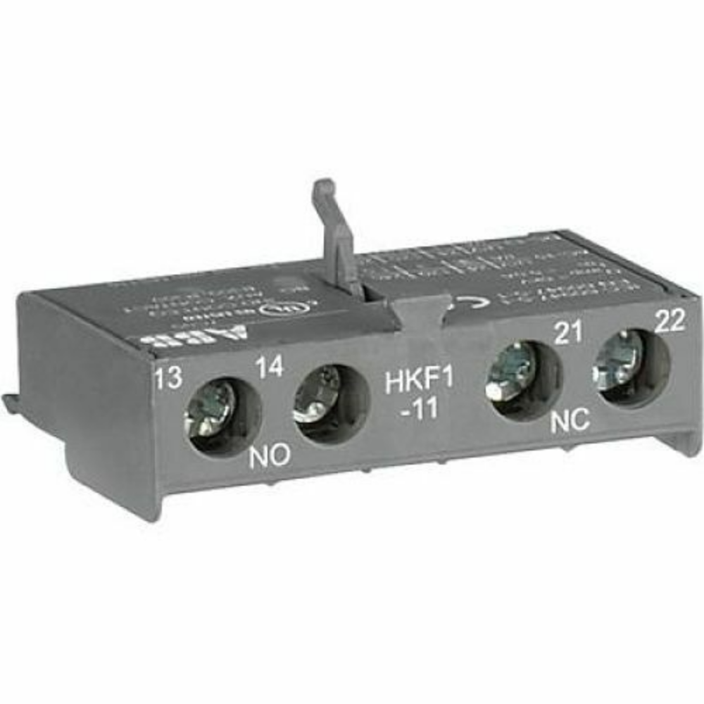 ABB HKF1-11 manual motor starter, grey component with terminal markings: 13, 14, NO, 21, 22, NC.