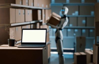 Robot worker lifting a cardboard box in a warehouse with a laptop and coffee cup on a nearby table.
