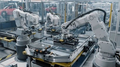 Three robotic arms working on an electric vehicle battery pack on a modern factory assembly line.