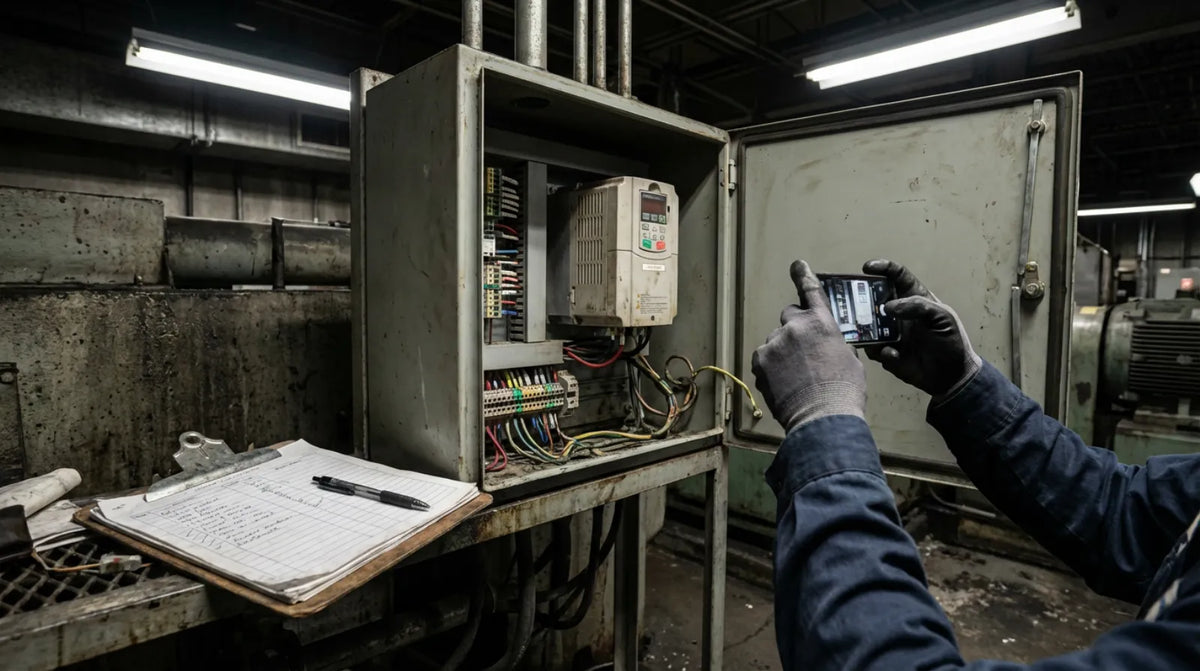 Technician documenting legacy drive wiring before replacement