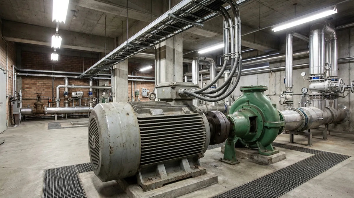 Large industrial motor coupled to centrifugal pump in water treatment station