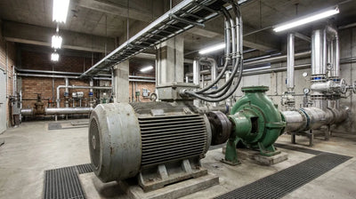 Large industrial motor coupled to centrifugal pump in water treatment station
