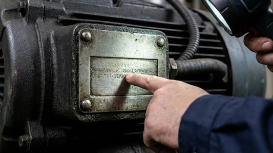 Motor nameplate showing rated voltage, current, frequency, and speed data