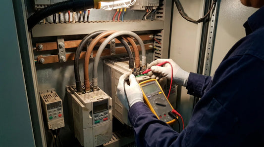 Technician measuring VFD input terminal voltage with digital multimeter
