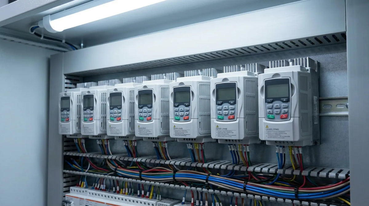 PowerFlex 525 compact VFD wall-mounted on DIN rail inside electrical panel