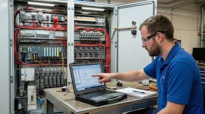 Engineer using Studio 5000 on laptop for PLC program conversion