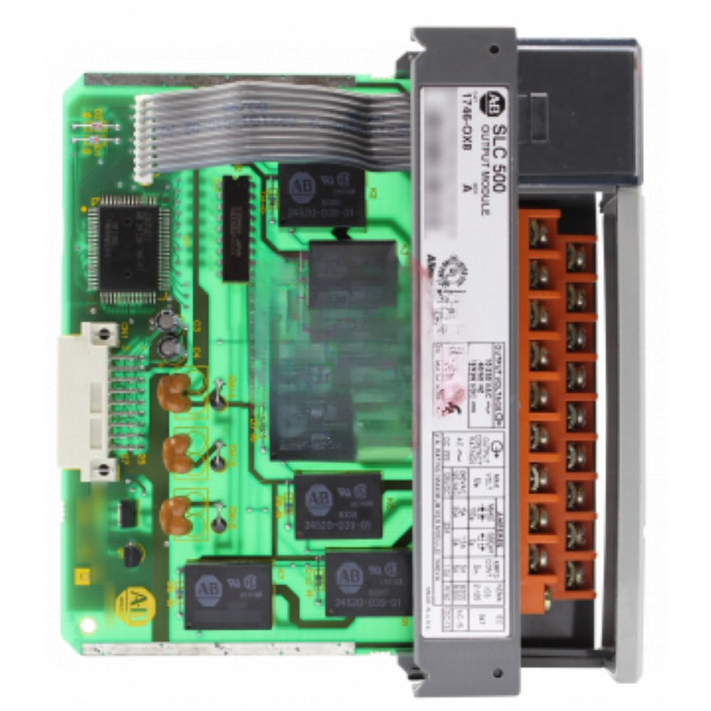 Allen-Bradley SLC 500 1746-OX8 8-Point Output Module, Product detail with orange terminals and green circuit board.