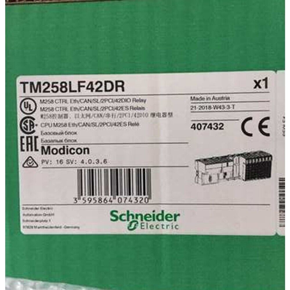 Schneider Electric TM258LF42DR PLC product label, Modicon series, compact PLC with integrated I/O