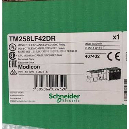Schneider Electric TM258LF42DR PLC product label, Modicon series, compact PLC with integrated I/O