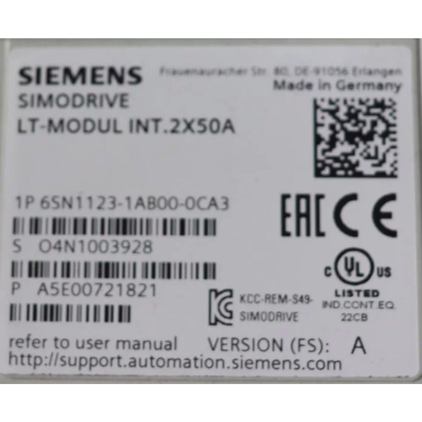 Drives/Drive Modules | Siemens | 6SN1123-1AB00-0CA3 6SN1 123-1AB00-0CA3 SIMODRIVE POWER MODULE