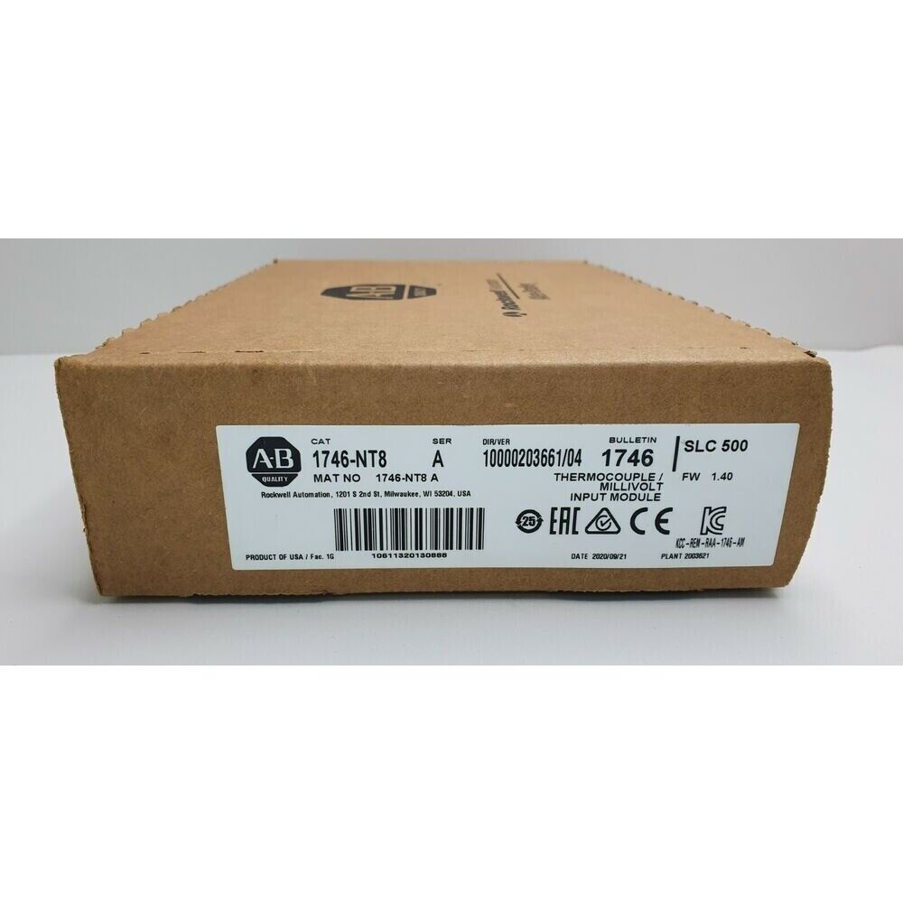 Allen-Bradley 1746-NT8 SLC 500 Input Module box. Product details on brown cardboard with specifications.
