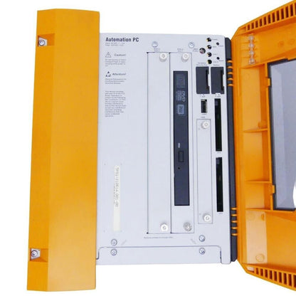 B&R Automation PC 5PC810.SX05-00 front panel. Orange and gray industrial PC with a DVD drive, USB and CF slots.