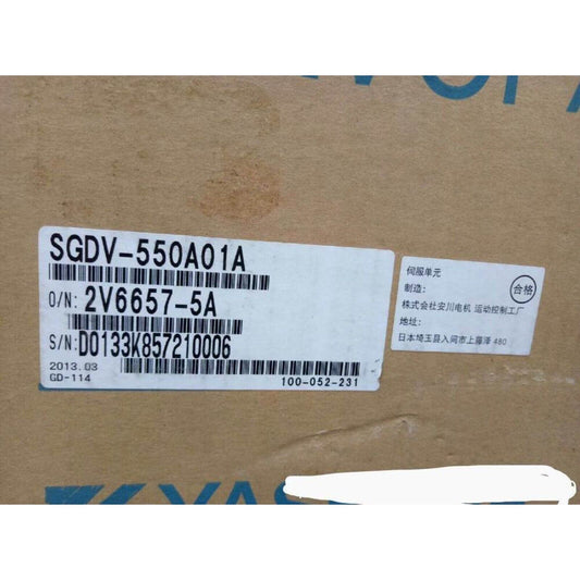YASKAWA SGDV-550A01A servo drive product label, with serial number and manufacturing details, new in box