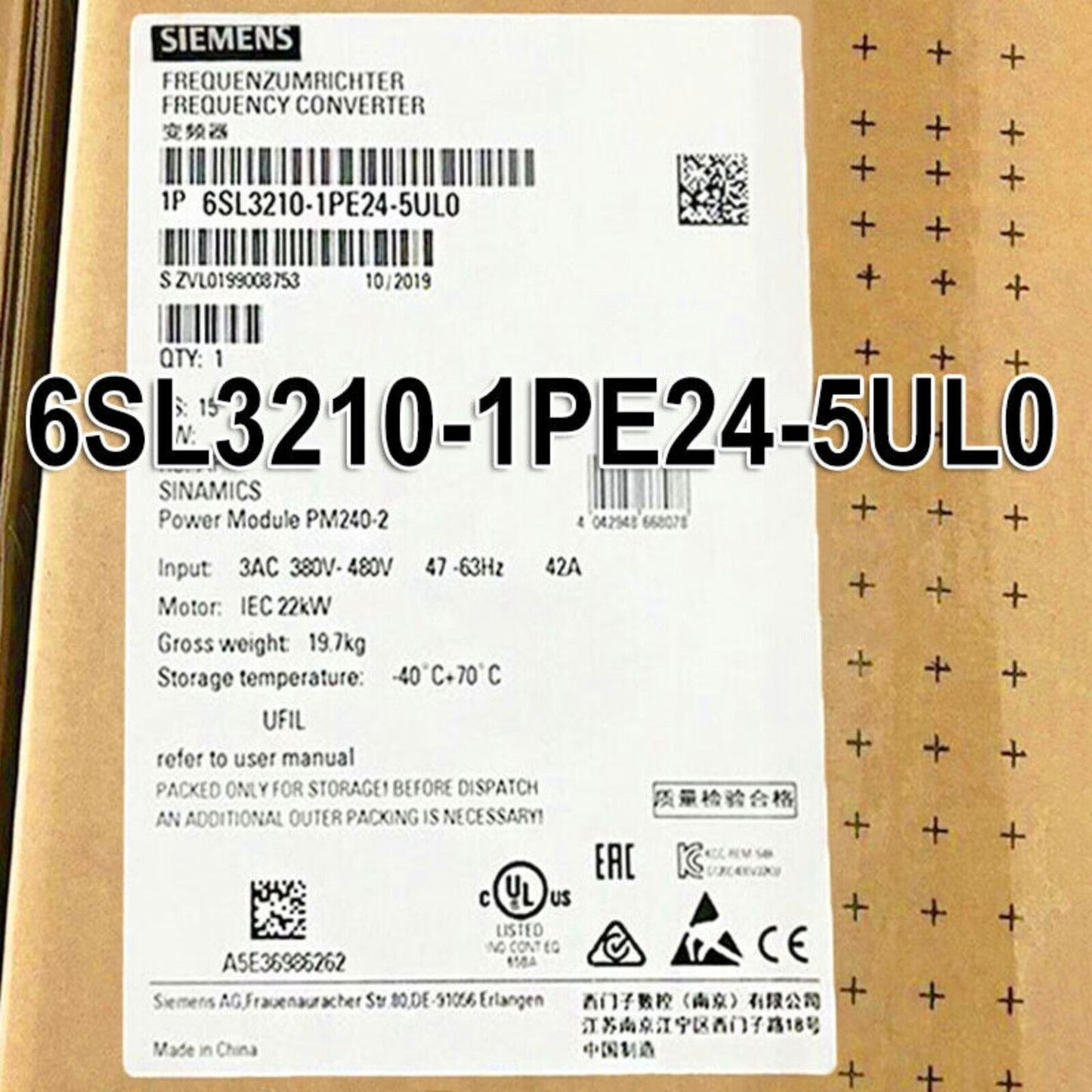 Siemens SINAMICS G120 6SL3210-1PE24-5UL0 Power Module label, industrial automation equipment part, 380-480V input voltage.