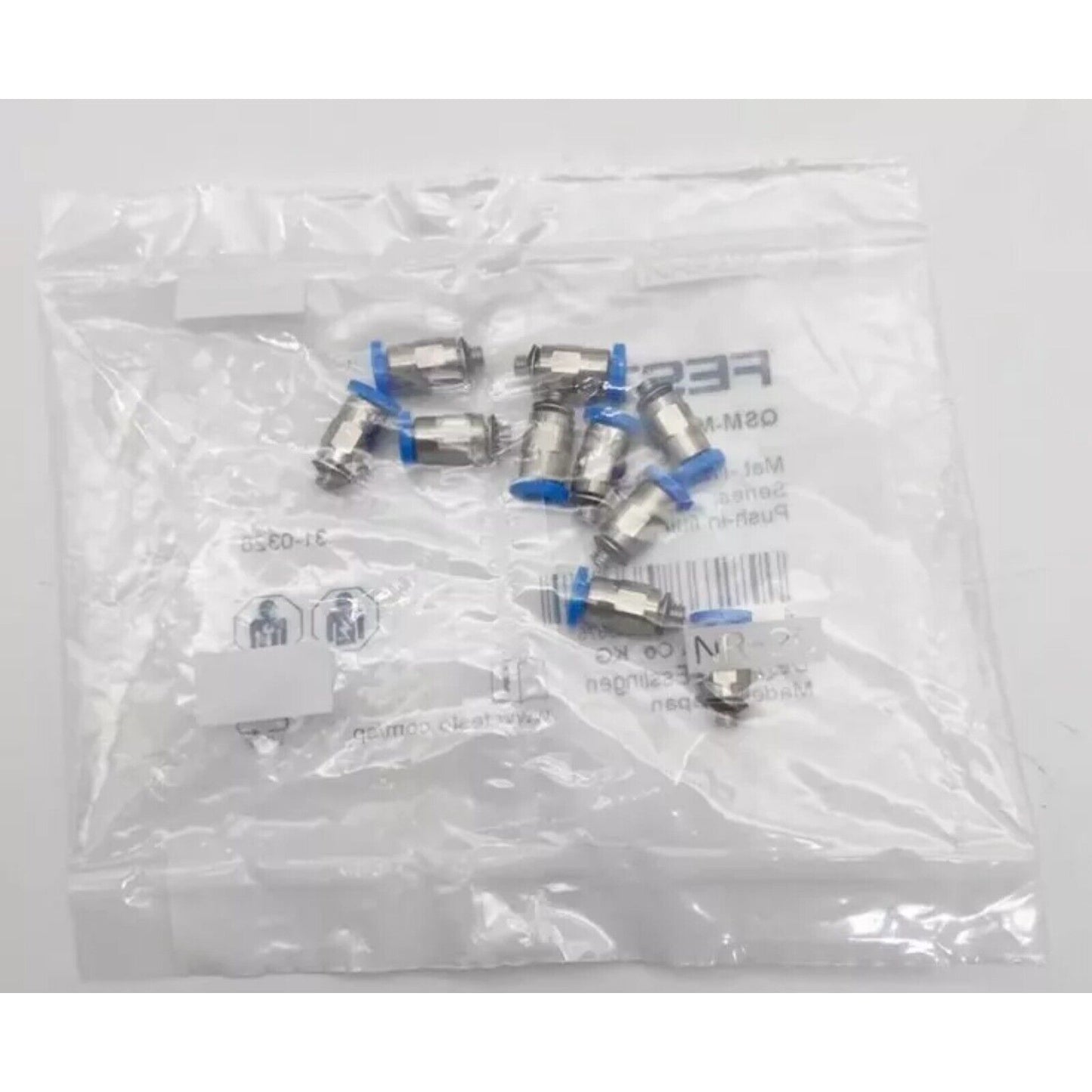 Festo QSM-M3-3 push-in fitting, pneumatic component in a clear bag. Industrial automation part.
