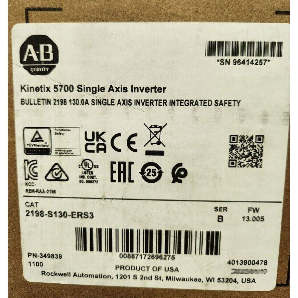 Allen-Bradley Kinetix 5700 Single Axis Inverter, model 2198-S130-ERS3, factory sealed with safety certification labels.
