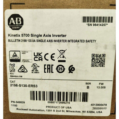 Allen-Bradley Kinetix 5700 Single Axis Inverter, model 2198-S130-ERS3, factory sealed with safety certification labels.