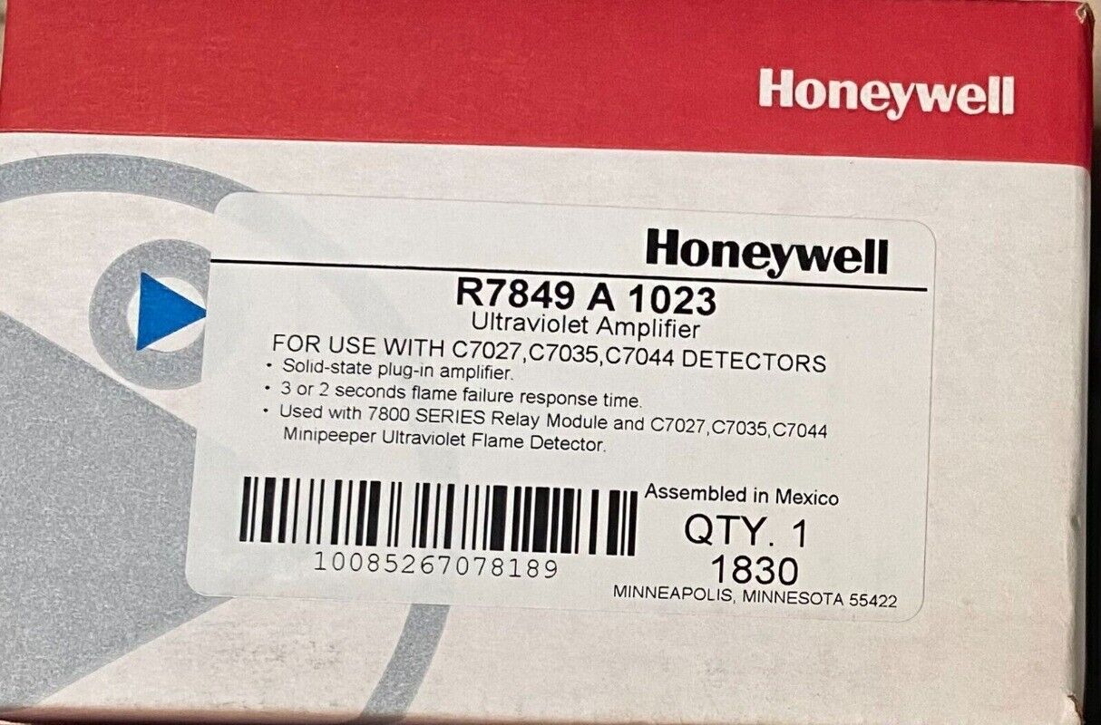 Honeywell R7849A1023 Ultraviolet Flame Amplifier, industrial automation part, assembled in Mexico, QTY 1.