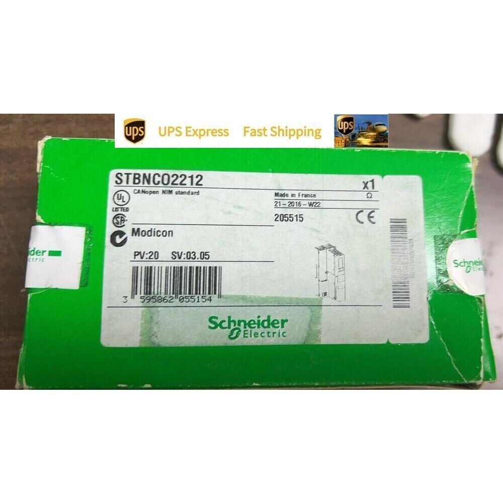 Schneider Electric STBNC02212 industrial automation module with UPS shipping label, in stock.