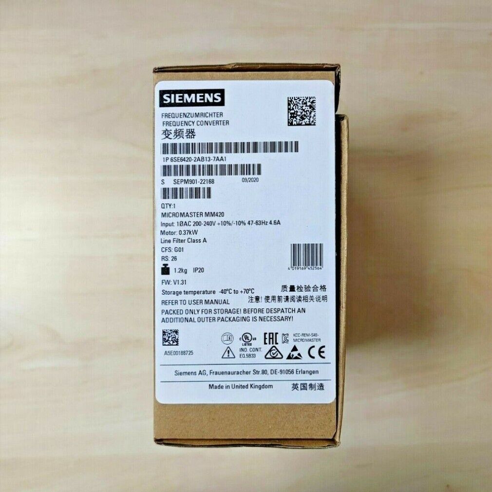 Siemens MICROMASTER 420 frequency converter box. Model 6SE6420-2AB13-7AA1 with technical specifications, Made in UK.