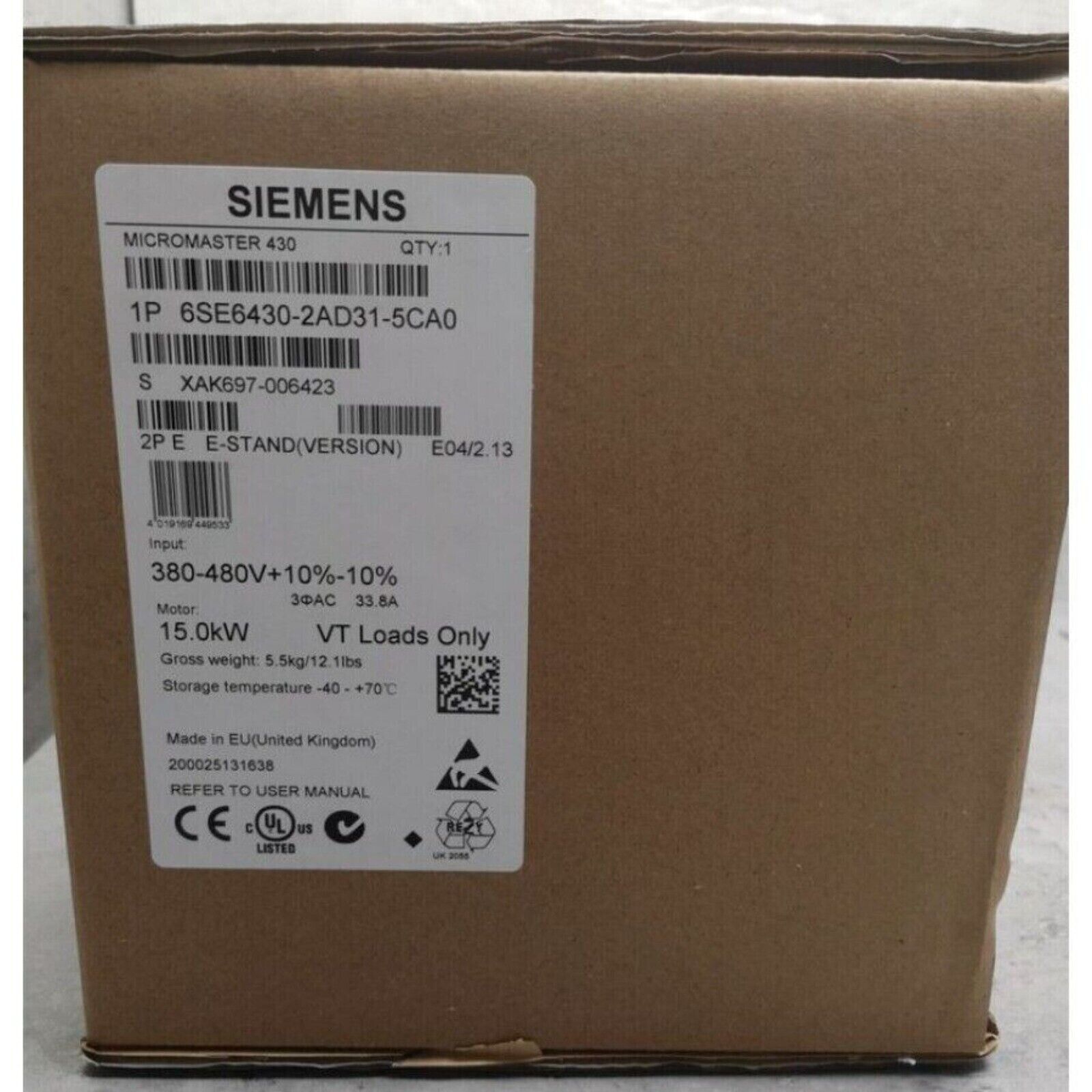 Siemens MICROMASTER 430 industrial automation part 6SE6430-2AD31-5CA0, packaged for shipping. Product label visible.