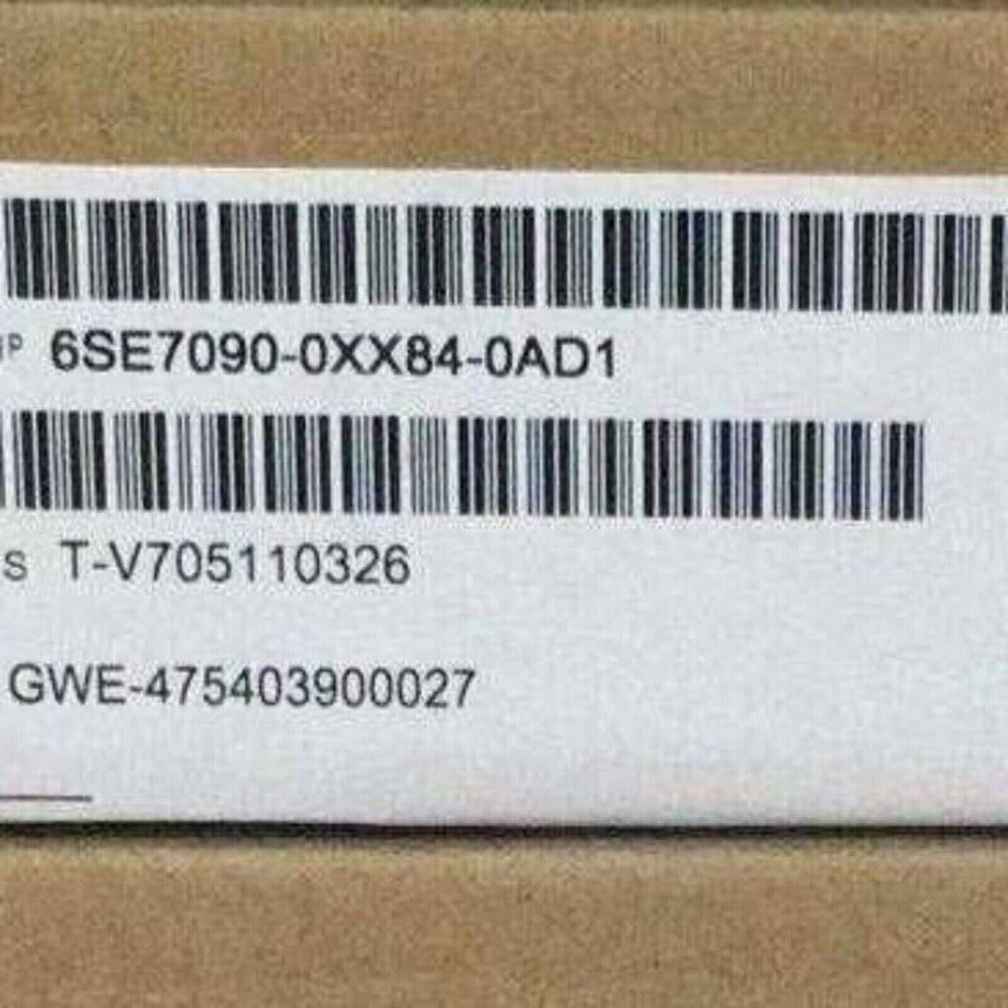 Siemens 6SE7090-0XX84-0AD1 product label with barcode, serial number, and model details.