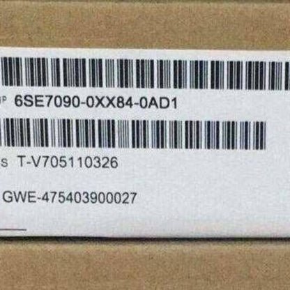 Siemens 6SE7090-0XX84-0AD1 product label with barcode, serial number, and model details.