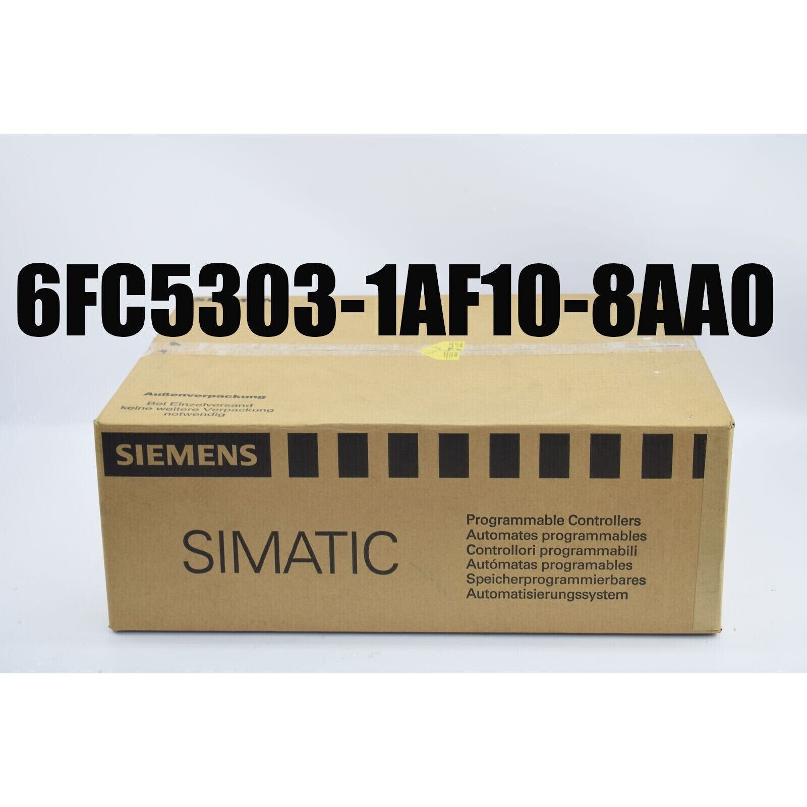 Siemens 6FC5303-1AF10-8AA0 SIMATIC controller box, part number, brand logo, and multilingual text on packaging.