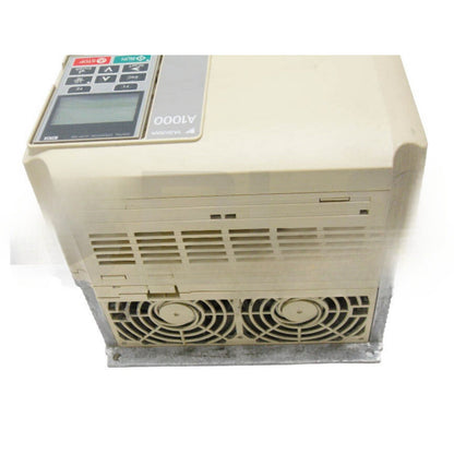 YASKAWA A1000 AC Drive, industrial automation equipment, beige housing with control panel, featuring RUN and STOP buttons.