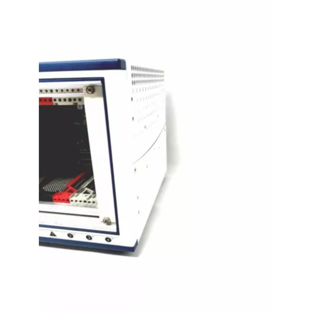 PXIe-1071 PXI Chassis, front view, white and blue, industrial automation equipment