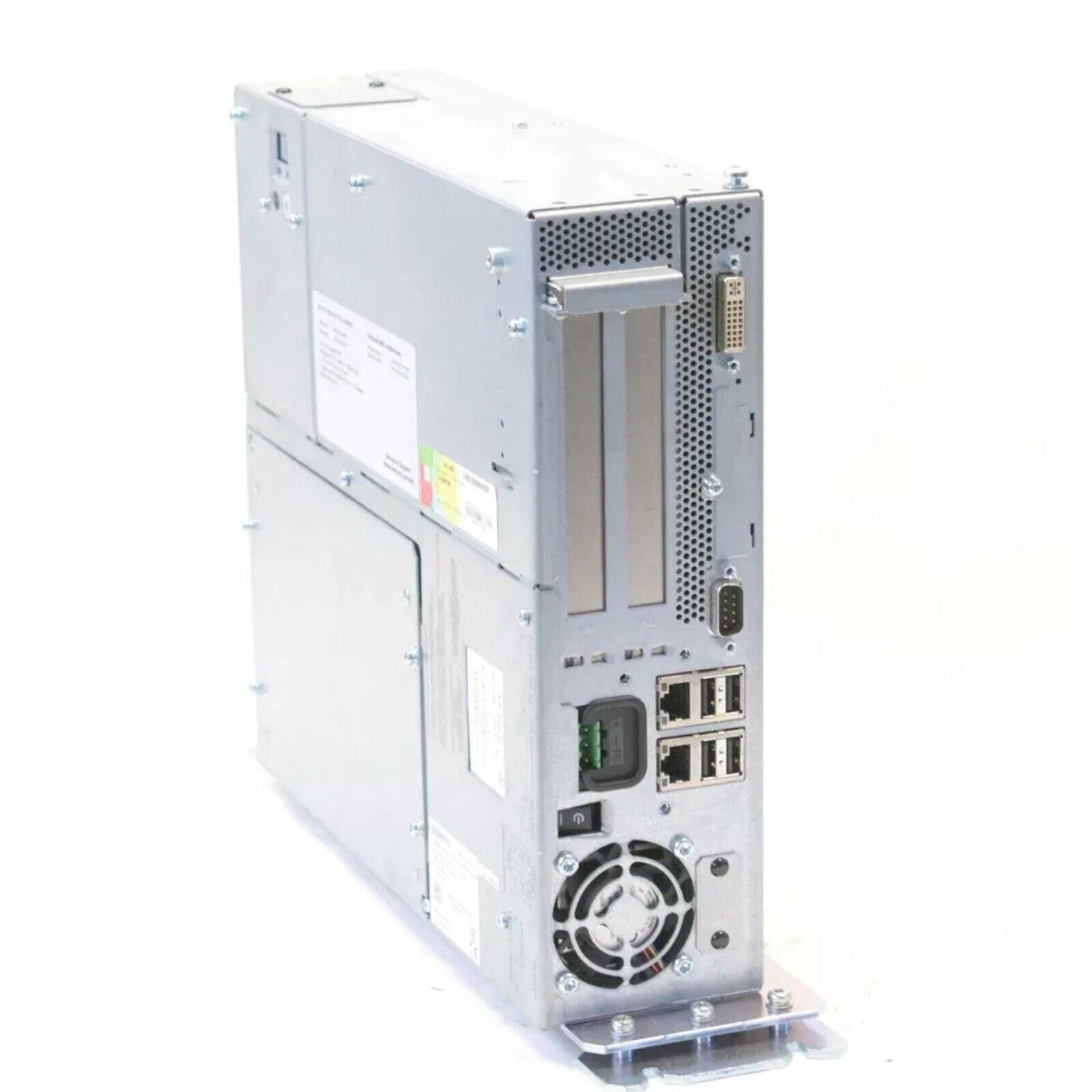 Siemens SINUMERIK PCU 50.5-C industrial computer module. Silver metal casing with ports, fan, and mounting bracket.