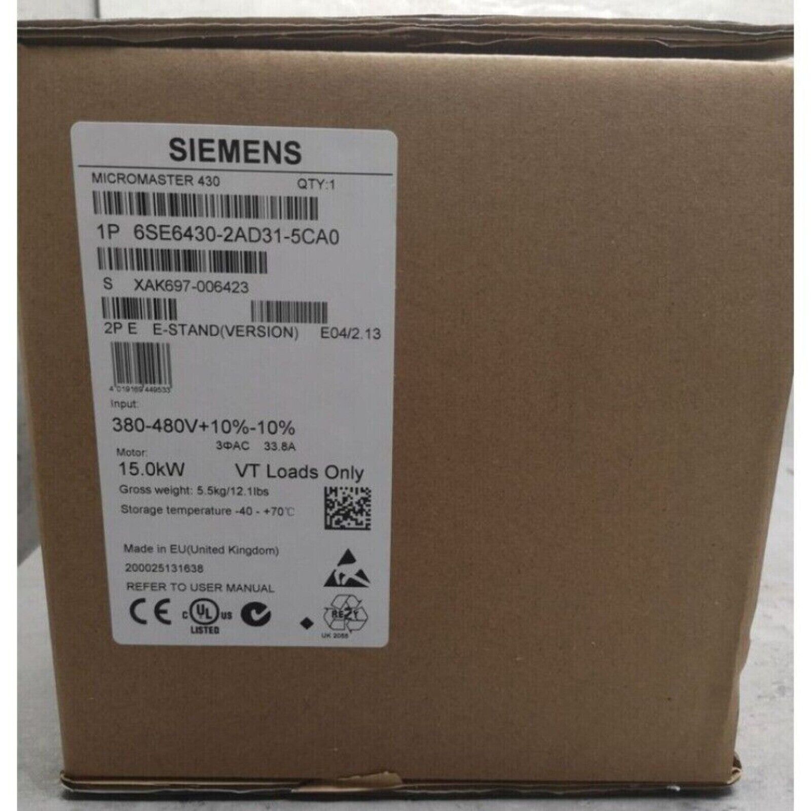 Siemens MICROMASTER 430 industrial automation part, model 6SE6430-2AD31-5CA0, packaged for shipping.
