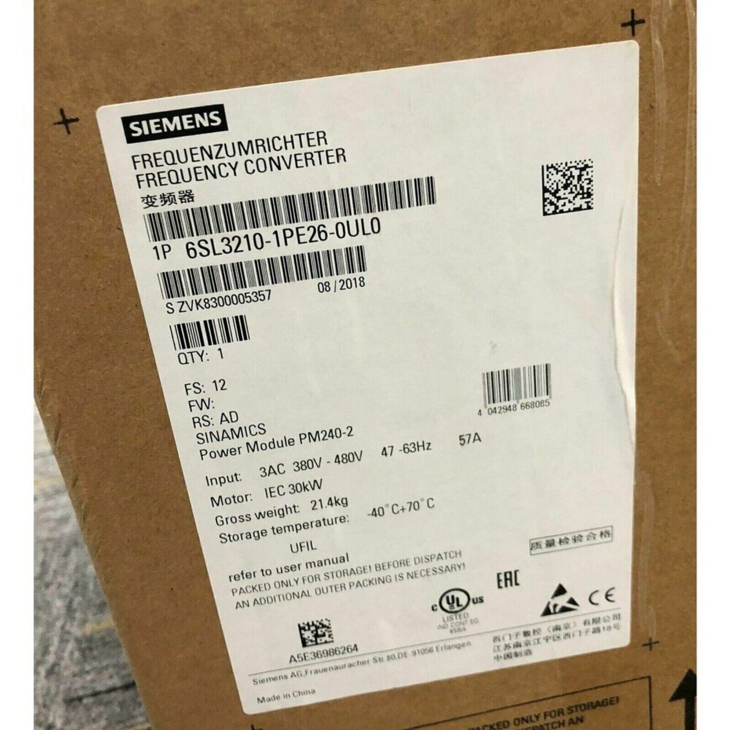 Siemens SINAMICS G120 frequency converter 6SL3210-1PE26-0UL0 product label on box. PM240-2 Power Module.
