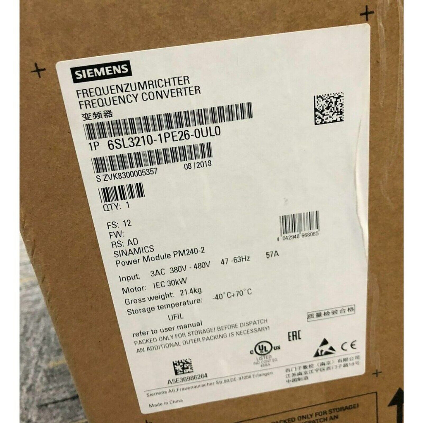 Siemens SINAMICS G120 frequency converter 6SL3210-1PE26-0UL0 product label on box. PM240-2 Power Module.