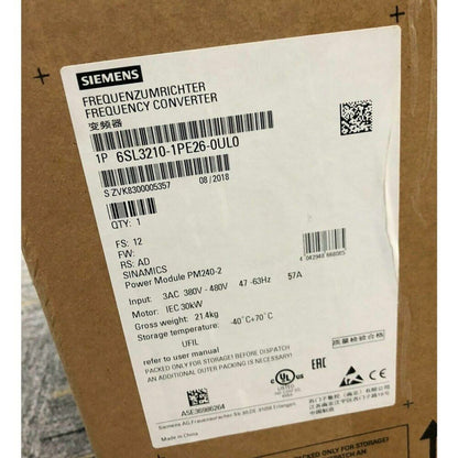 Siemens SINAMICS G120 frequency converter 6SL3210-1PE26-0UL0 product label on box. PM240-2 Power Module.