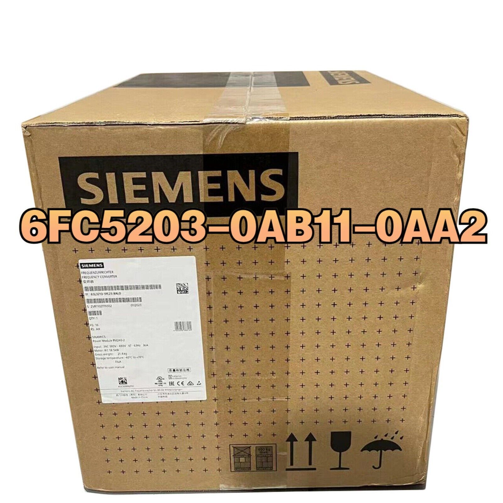 Siemens 6FC5203-0AB11-0AA2 Frequency Converter in a cardboard box. Industrial automation PLC module.