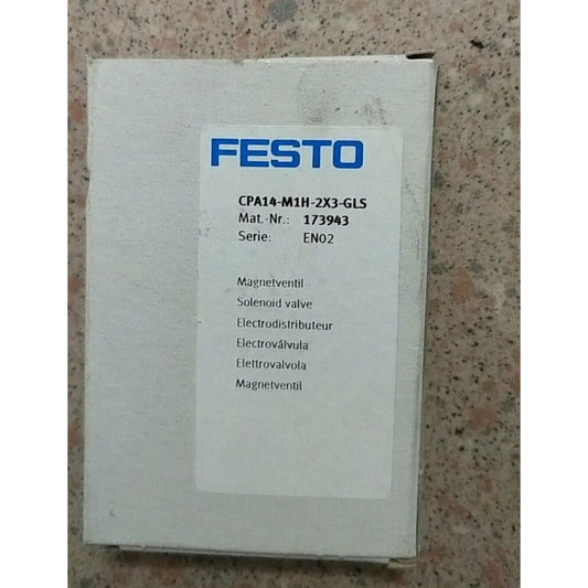 FESTO CPA14-M1H-2X3-GLS valve product packaging, white with blue logo and product details.