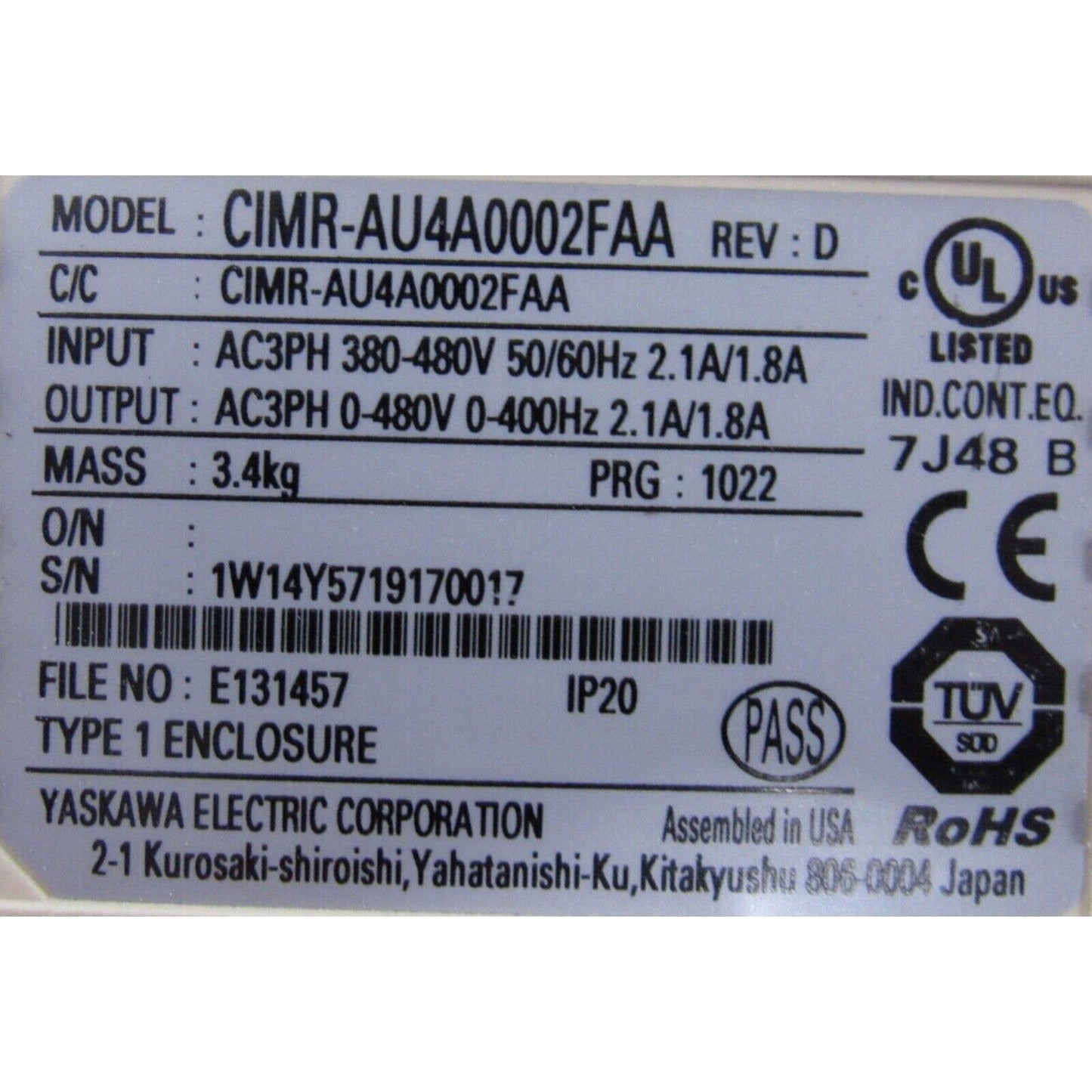 YASKAWA CIMR-AU4A0002FAA AC Drive label with specs, voltage, certifications. Industrial automation equipment detail.