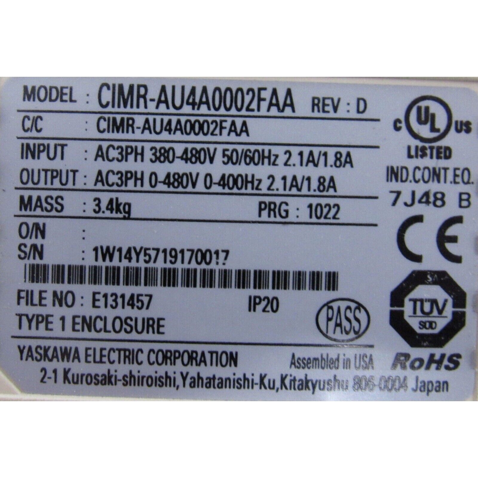 YASKAWA CIMR-AU4A0002FAA AC Drive label with specs, voltage, certifications. Industrial automation equipment detail.