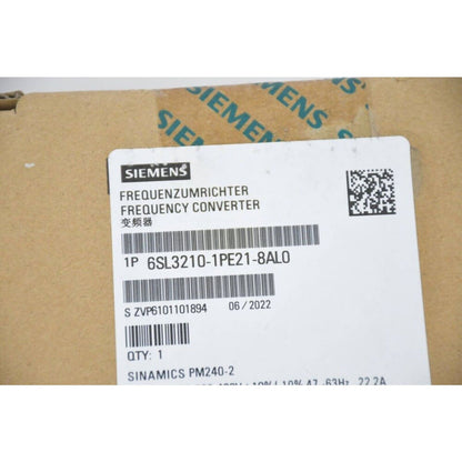 Siemens SINAMICS G120C frequency converter box, model 6SL3210-1PE21-8AL0, industrial automation part.