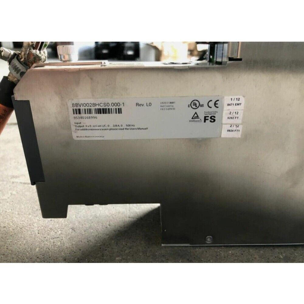 B&R SERVO DRIVER 8BVI0028HCS0.000-1 close-up with label showing model number and specifications, industrial automation part