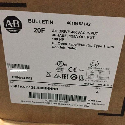 Allen-Bradley PowerFlex 753 AC Drive, 20F1AND125JN0NNNNN, 480VAC Input, 125A Output, industrial automation product