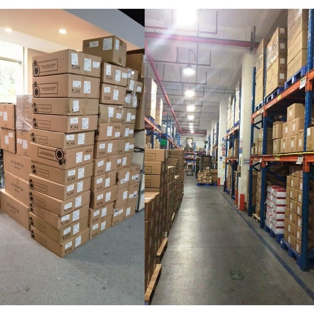 Warehouse stock of industrial automation components in cardboard boxes, ready for shipment.