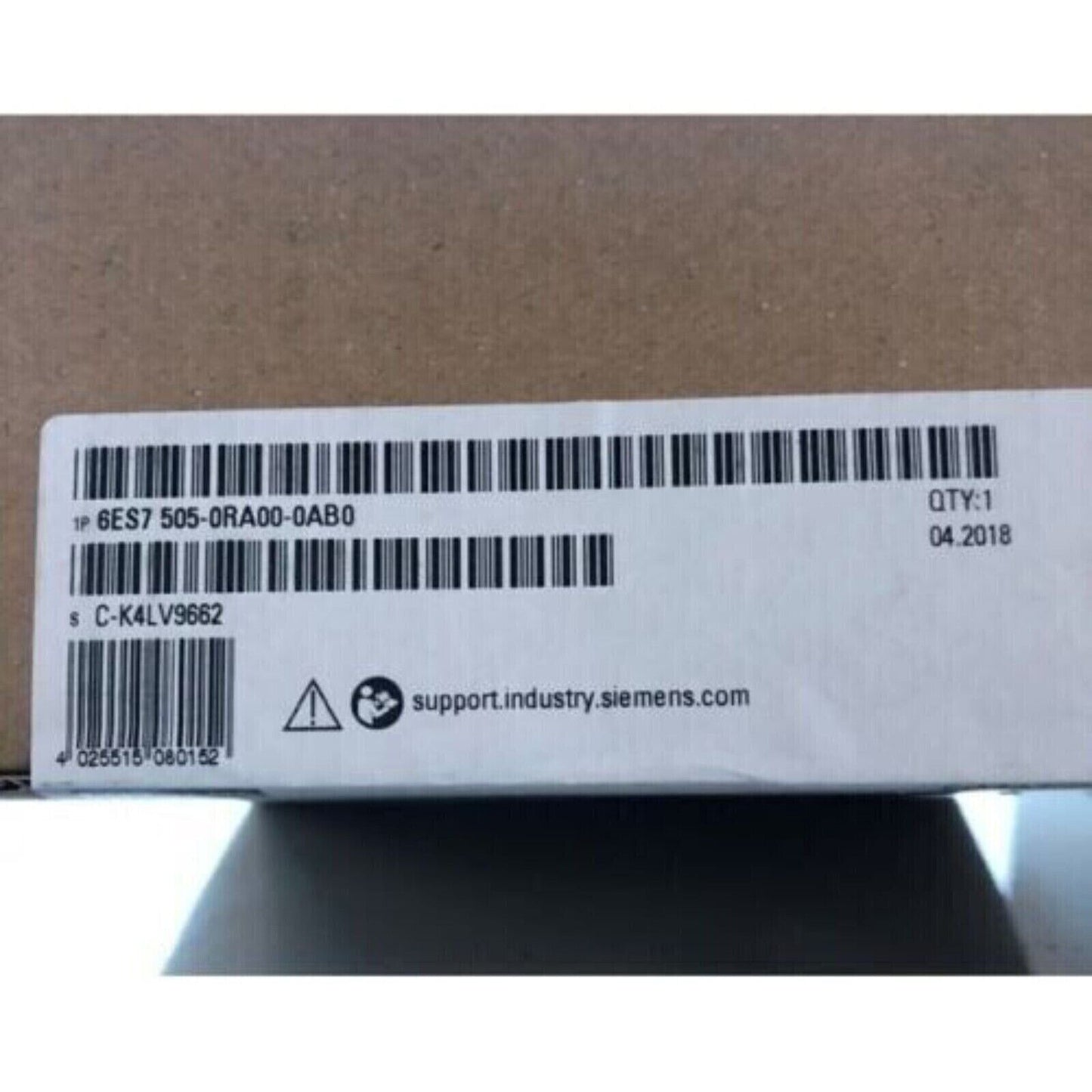 Siemens S7-1500 system power supply label, model 6ES7 505-0RA00-0AB0, with barcode and support information.